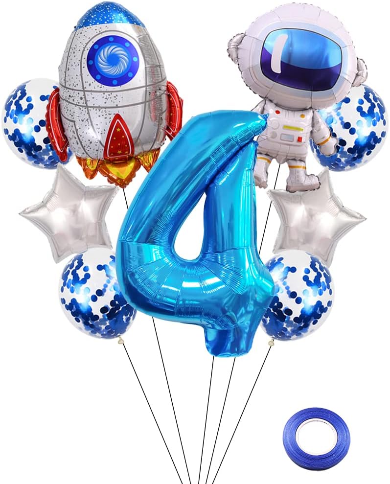 Astronaut Rocket 4th Birthday Party Balloons Jumbo Spaceman Birthday Balloons Outer Space Theme Foil Balloons 32 Inch Blue Number 4 Helium Balloon for Birthday Party